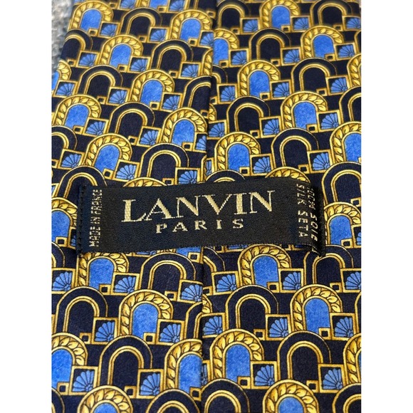 Lanvin Paris Men's Necktie Blue Gold Archway Patterned Silk Designer Formal - Picture 4 of 4